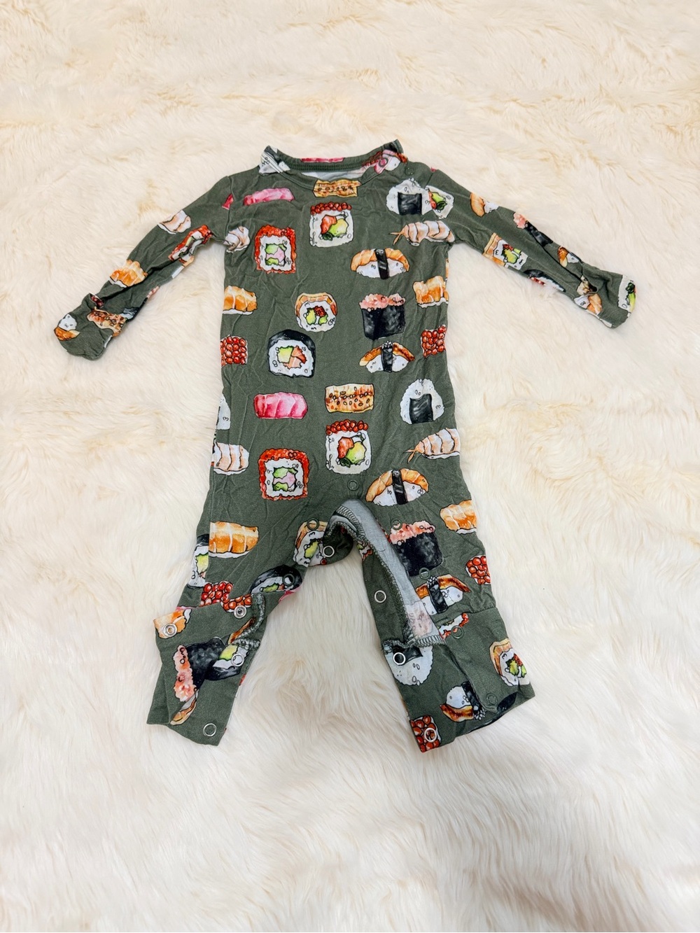 Posh Peanut Olive Green Sushi Print One-Piece Bodysuit